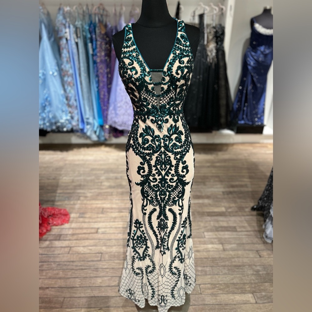 Beaded Emerald Green and Nude Evening Gown